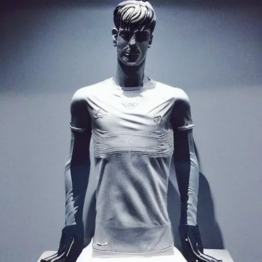 Image similar to “ a realistic detailed photo of a guy who is an attractive humanoid who is half robot and half humanoid, who is a male android, soccer player antoine griezmann, shiny skin, posing like a statue, blank stare, at the museum, on display ”