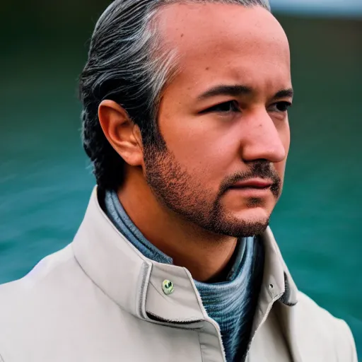 Prompt: modern day alexander hamilton closeup portrait, dramatic light, lake background, 2 0 0 mm focal length, aperture, iso, photograph, flicker, 8 k