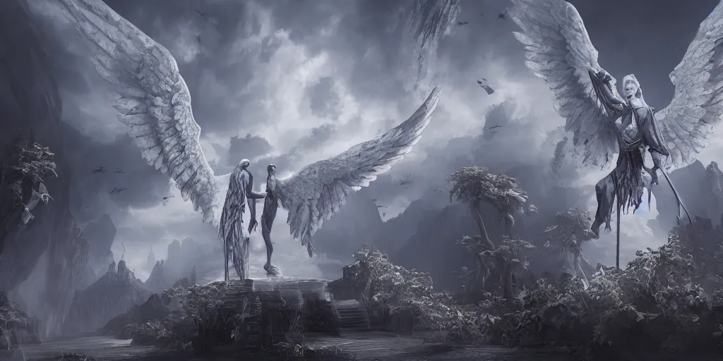 Image similar to angelic realm, fantasy apocalypse, digital art, unreal engine 5, 4 k