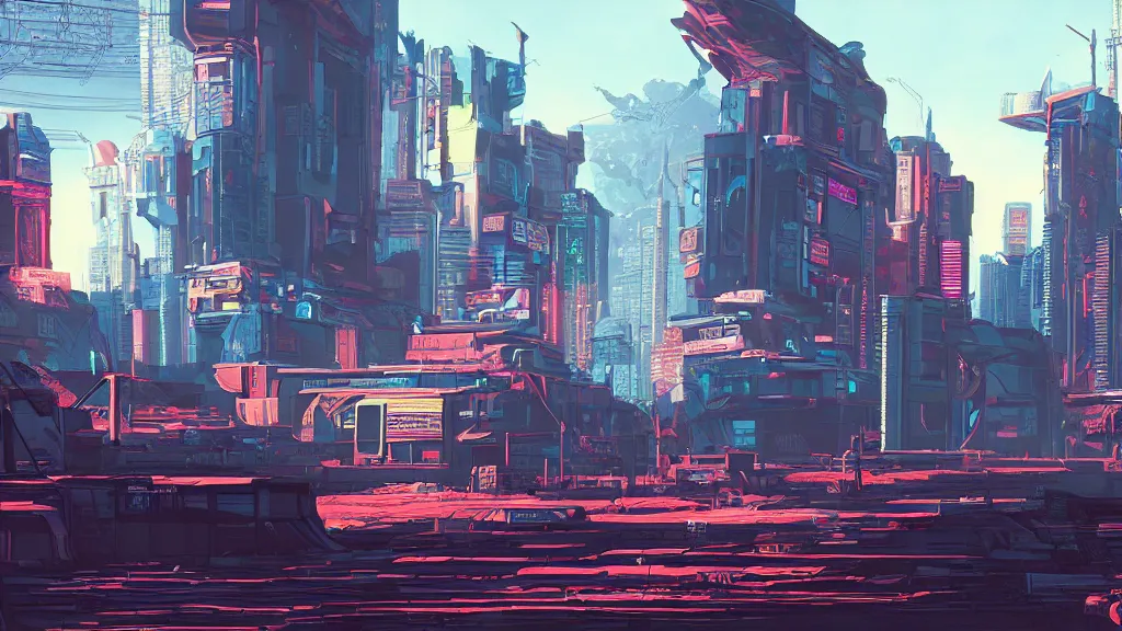 Image similar to cel - shaded cyberpunk landscape