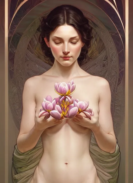 Image similar to perfectly detailed magnolia flowers!! blessed by nature with ever - increasing physical mental perfection, symmetrical! intricate, sensual features, highly detailed, biblical divine holy perfection!! digital painting, artstation, concept art, smooth, sharp focus, illustration, art by artgerm and greg rutkowski and alphonse mucha