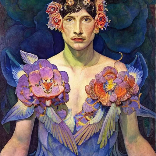 Image similar to the flower prince, by Annie Swynnerton and Nicholas Roerich and Diego Rivera, bioluminescent skin, floral tattoos, wings made out of flowers, elaborate costume, geometric ornament, symbolist, smooth, sharp focus, extremely detailed