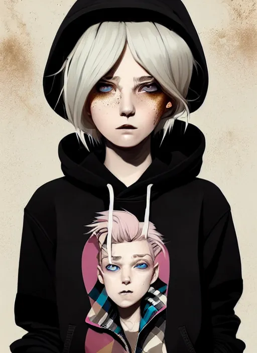 Image similar to highly detailed portrait of a sewer punk lady student, blue eyes, burberry hoodie, white hair by atey ghailan, by greg rutkowski, by greg tocchini, by james gilleard, by joe fenton, by kaethe butcher, gradient gold, black, brown and pink color scheme, grunge aesthetic!!! ( ( graffiti tag wall background ) )