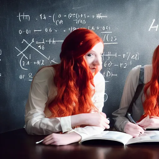 Prompt: Two beautiful red haired young women dressed as brides studying mathematics together in a university class near a blackboard, fashion photography by Annie Leibovitz, hyperrealistic, highly detailed, depth of field, High definition, 8k, octane render, artstation