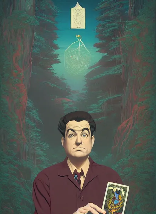 Prompt: Twin Peaks poster artwork by Michael Whelan and Tomer Hanuka, Rendering of portrait of Lou Costello holding tarot cards, full of details, by Makoto Shinkai and thomas kinkade, Matte painting, trending on artstation and unreal engine