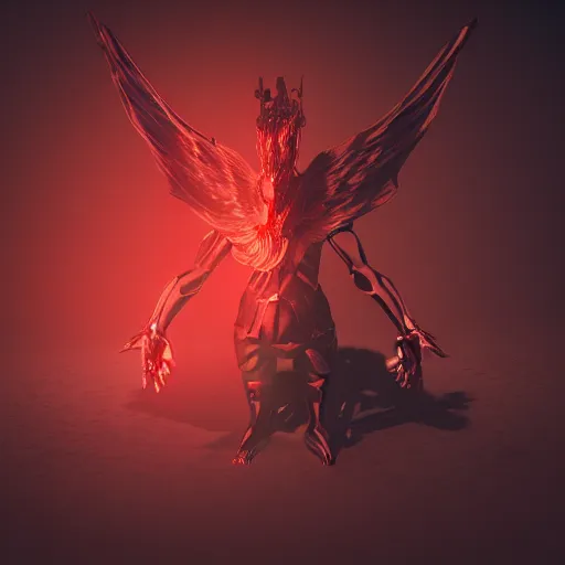 Image similar to abstract shadow demon with wings red hunter eyes, highly realistic photo realistic octane render blender highly detailed 8 k