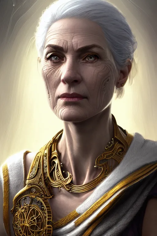 Image similar to portrait of a middle aged grey haired woman in the style of god of war, golden machine parts, intricate, elegant, highly detailed, digital painting, artstation, concept art, smooth, sharp focus, illustration, art by artgerm and greg rutkowski and alphonse mucha, 8 k