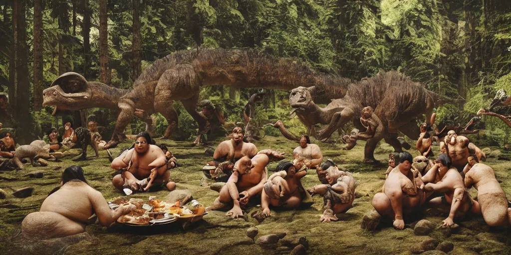 Image similar to photo, neanderthal people, sumo japanese, eating inside mcdonalds, surrounded by dinosaurs!, gigantic forest trees, sitting on rocks, bright moon