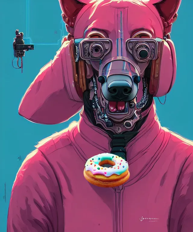 Image similar to a portrait of an anthropomorphic cyberpunk greyhound dog eating a donut, cyberpunk!, fantasy, elegant, digital painting, artstation, concept art, matte, sharp focus, illustration, art by josan gonzalez