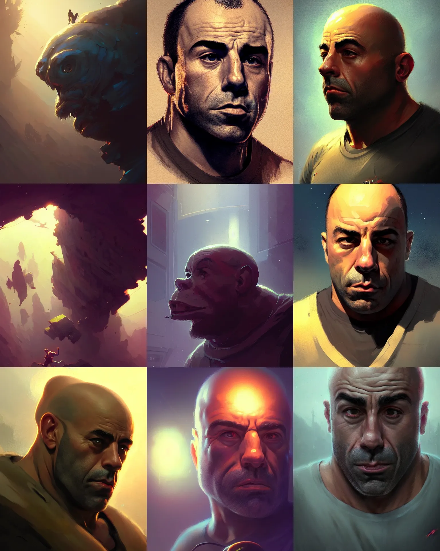 Prompt: Joe Rogan, medium shot close up, details, sharp focus, illustration, by Jordan Grimmer and greg rutkowski, Trending artstation, pixiv, digital Art