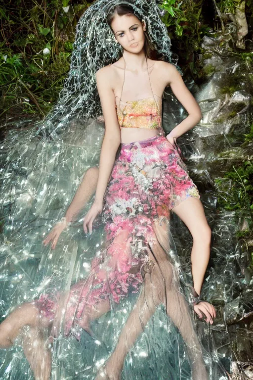 Image similar to cute cybernetically - enhanced young model in nature wearing valentino 2 0 1 3 spring floral, lace, patterned, sheer skirt, lounging by a holographic waterfall, tranquil cyber fashion photoshoot