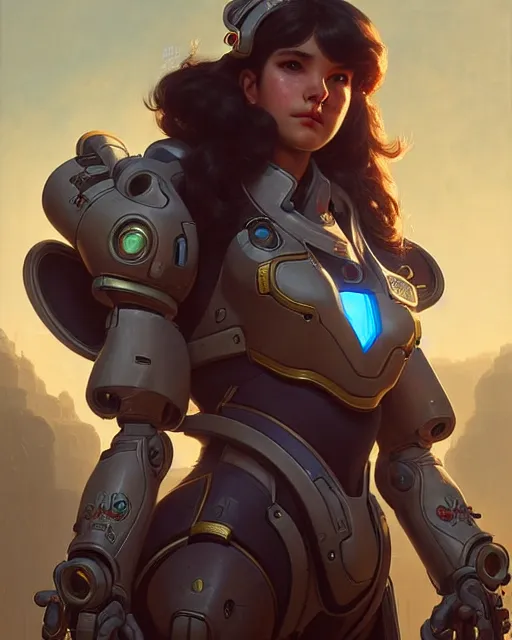 Image similar to d. va from overwatch, character portrait, concept art, intricate details, highly detailed by greg rutkowski, michael whelan and gustave dore