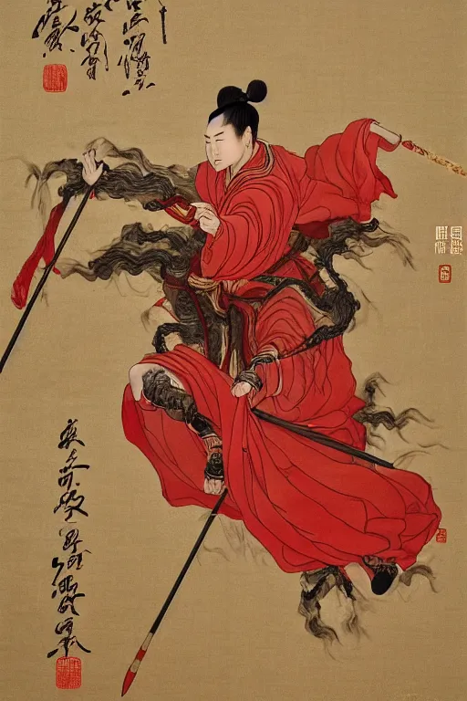 Image similar to a masterpiece portrait of legendry nezha flies riding on the wind fire wheels across the sea, water everywhere, chinese mythology, side view, red cloth around his shoulders, hold spear, cinematic, fantasy character portrait, highly detailed, by ne zha ( 2 0 1 9 ), fenghua zhong