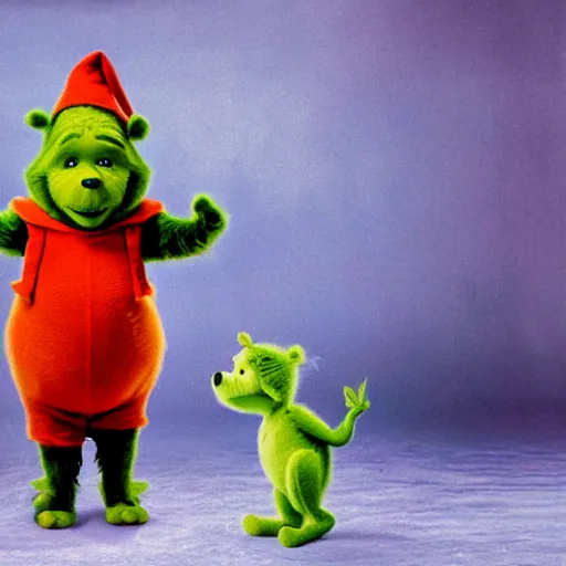 Image similar to winnie the pooh alone as the grinch, winnie the pooh cast as the grinch, full body shot