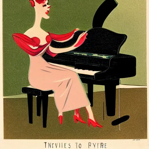 Image similar to vintage woman wearing devil horns and sitting in an piano, retro cartoon