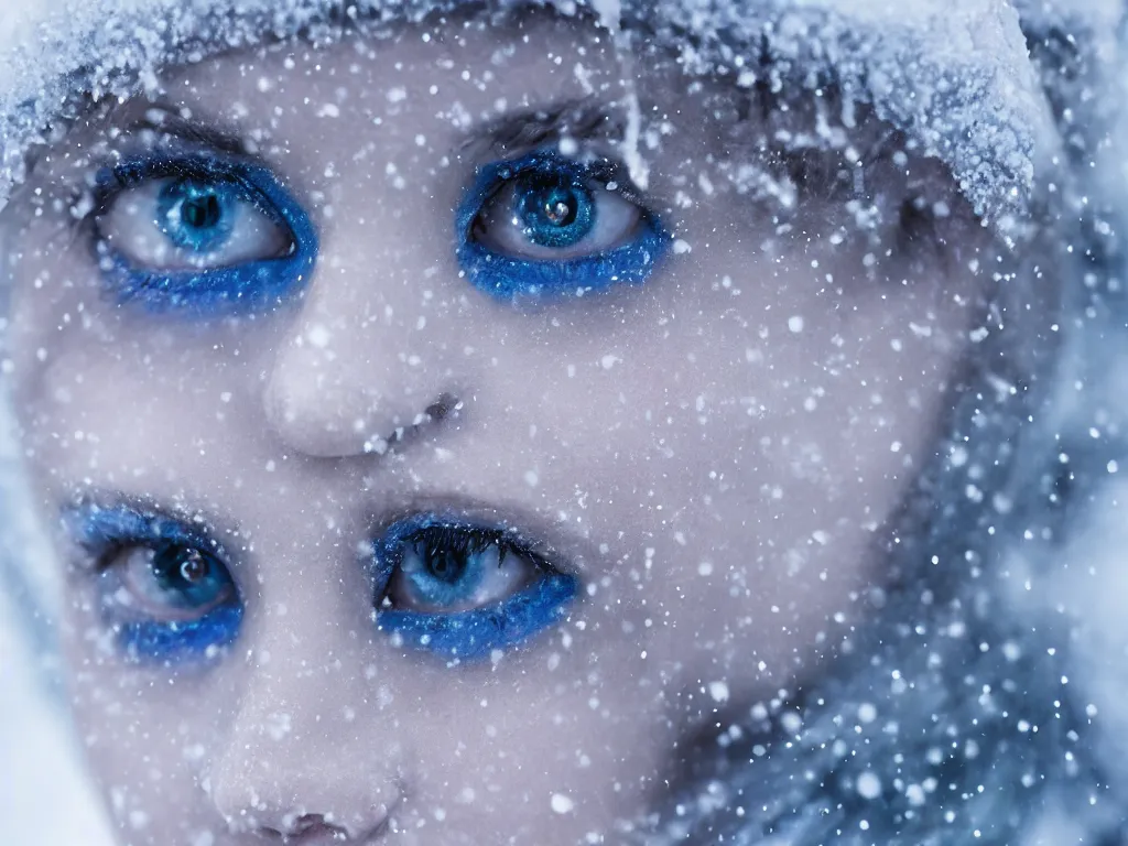 Prompt: the piercing blue eyed stare of yuki onna, freezing blue skin, mountain blizzard and snow, canon eos r 6, bokeh, outline glow, asymmetric unnatural beauty, blue skin, centered, rule of thirds