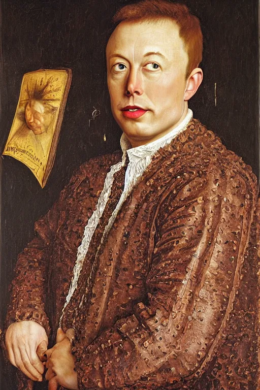 Image similar to portrait of elon musk, oil painting by jan van eyck, northern renaissance art, oil on canvas, wet - on - wet technique, realistic, expressive emotions, intricate textures, illusionistic detail