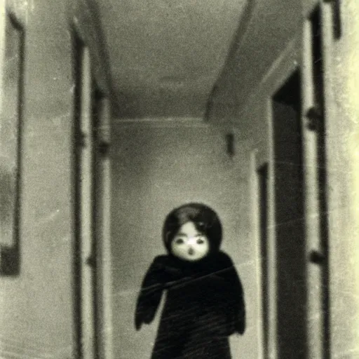 Image similar to creepy vintage doll in darkly lit hallway photo kodak brownie photo