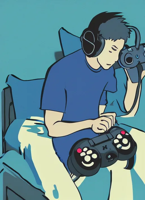 Prompt: video gamecore, gamecore, gamercore pop art of a man playin playstation 5 on his bedroom at night, cinematic perspective, studio ghibli, pop art, trending in artstation, behance, deviantart