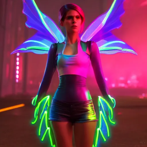 Image similar to neon fluorescent, iridescent kate mara with fairy wings cyperpunk 2 0 7 7, unreal engine 5, 8 k ultra life like, photo realistic, hyperdetailed, volumetric lighting, extremely high quality