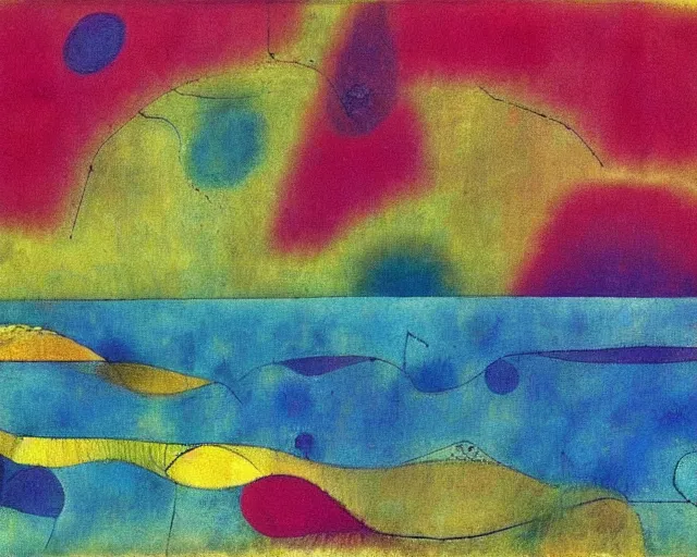 Image similar to Ocean waves in a psychedelic dream world. DMT. Curving rivers. Paul Klee. Zao Wou-ki. Yves Tanguy.