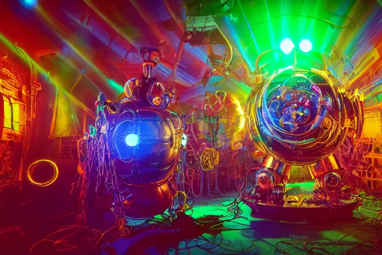 Prompt: scene is elrow party in space in ibiza, portrait photo of a giant huge golden and blue metal steampunk robot, with gears and tubes, eyes are glowing red lightbulbs, shiny crisp finish, 3 d render, 8 k, insaneley detailed, fluorescent colors, haluzinogetic, background is multicolored lasershow