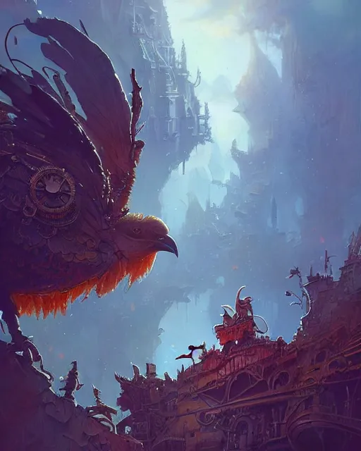 Prompt: a close - up stunning fantasy scene of an adorable steampunk crow | highly detailed | very intricate | disney | magic the gathering | steampunk | dramatic romantic epic breathtaking whimsical magical | professional cinematic lighting | award - winning | painted by marc simonetti and anton fadeev and paul lehr and rhads and alena aenami | pastel color palette | featured on artstation