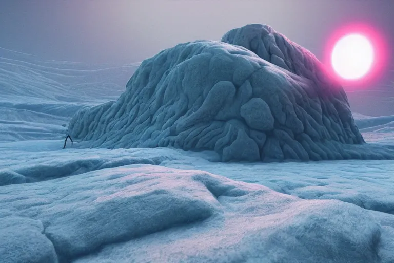 Image similar to a hd render of a surreal frozen landscape, cinematic lighting, by beeple and zdzisław beksinski, red cube of light