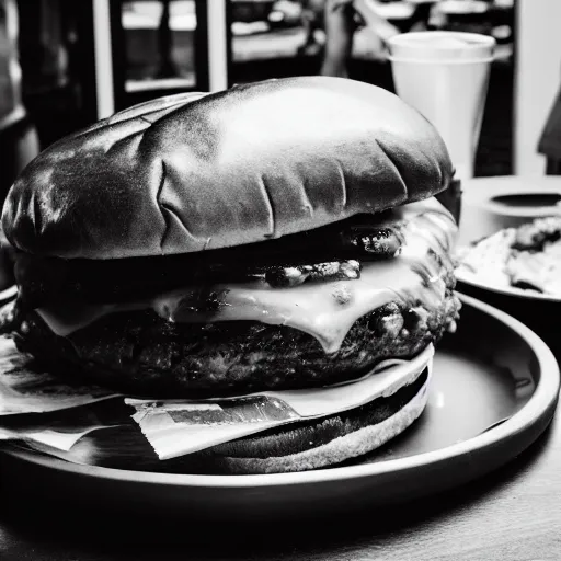 Image similar to Thick burger, multiple patties, huge burger, too big to eat, restaurant photography, food photography, 35mm lens up-close shot