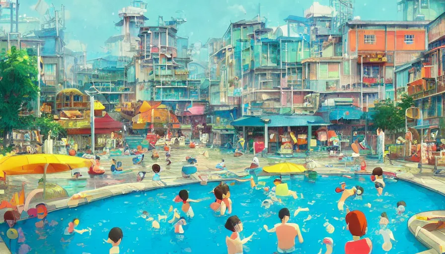 Prompt: Busytown swimming pool, optimistic colors, fun, moody, city background, by studio ghibli and greg rutkowski