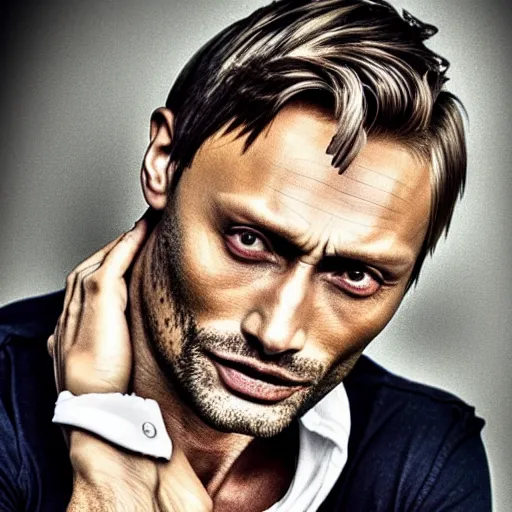 Prompt: a man who is a genetic combination of mads mikkelsen and jude law face and upper - body focus