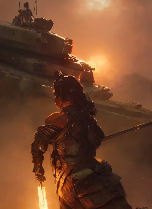 Image similar to side profile of a filipino fighter holding a scepter next to a tank, fantasy, digital painting, volumetric light, intricate, sharp, focus, bloom, illustration, highly detailed, concept art, matte, ruan jia and greg rutkowski, masterpiece