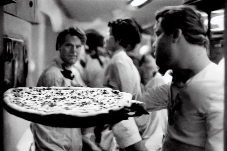 Prompt: pizza the hut in the talented mr. ripley photo 35mm black and white