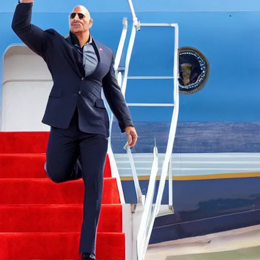 Prompt: dwayne johnson as president of the united states walking down the steps of air force one. photorealistic.