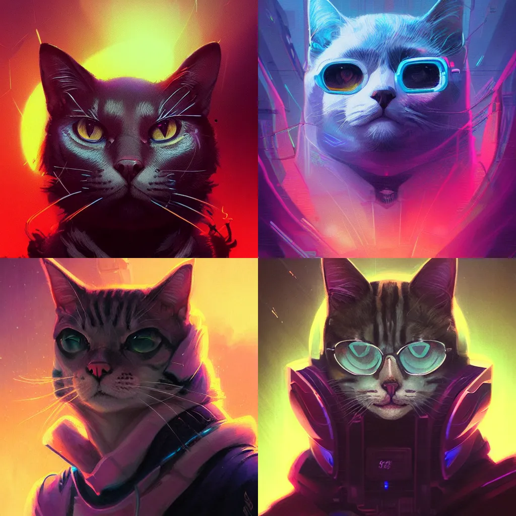 Image similar to detailed portrait of a cat, synthwave, retrowave, cyberpunk, illustration by jordan grimmer and greg rutkowski, trending on artstation