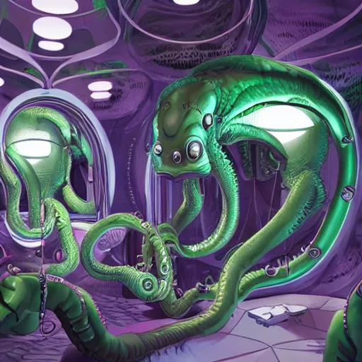 Image similar to scientists watching a clone of cthulhu in culture capsule, bio chemical, hyperealistic, detailed photography, divinity, awful, sci - fi, green light