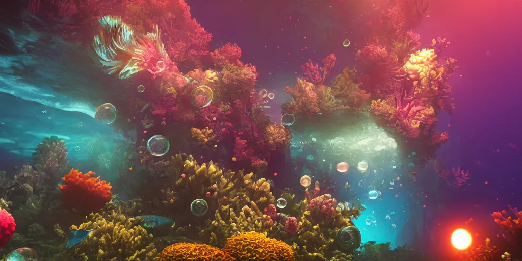 Image similar to A fantasy underwater world of bubbles, fish and coral, digital art, trending on artstation, award winning, 8k, volumetric lighting