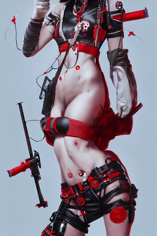 Image similar to covid - 1 9 nurse holding a syringe, wearing nurse bikini armor, black and white and red, cyberpunk, by tom bagshaw and alphonse mucha and atey ghailan and artgerm and and greg rutkowski and hajime soriyama, hyper realistic, octane render, trending on artstation