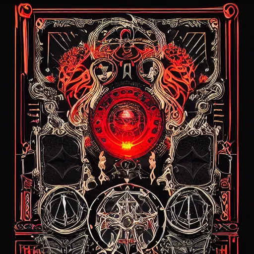 Image similar to black paper + elements + red + black + neon + baroque + rococo + ink + tarot card with ornate border frame + sebastien mitton, viktor antonov, sergey kolesov, detailed, intricate ink illustration + magic + glow + outline + laser + red + black + detailed robot falcon