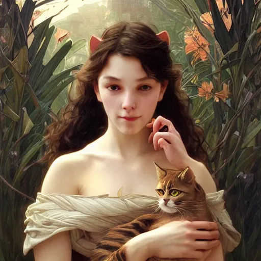 Prompt: portrait of a psych girl with her mad cat, intricate, elegant, highly detailed, digital painting, artstation, concept art, smooth, sharp focus, illustration, art by artgerm and greg rutkowski and alphonse mucha and william - adolphe bouguereau