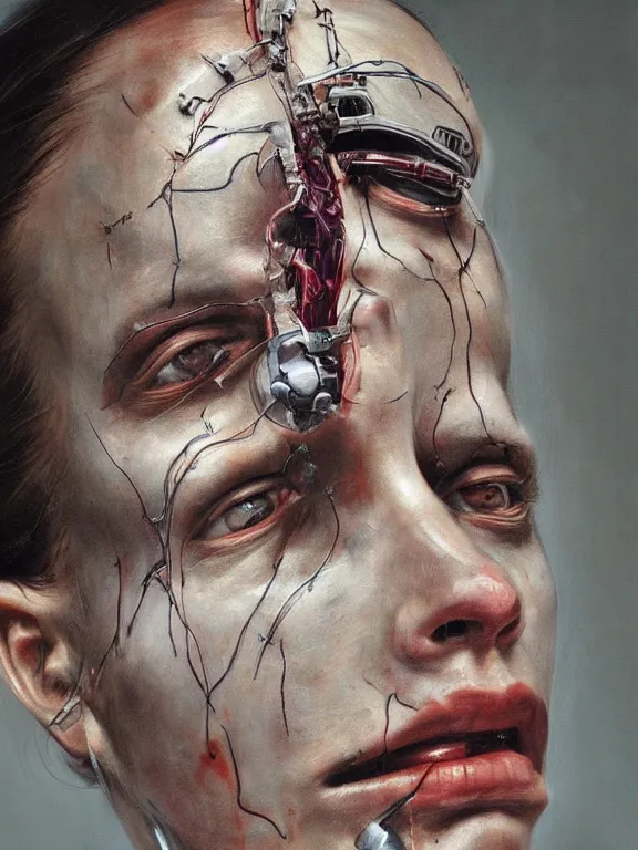 Image similar to cybernetic implants on face, metal jaw, usb port on forehead, portrait by jenny saville, pain, panic, sorrow, concern, mad