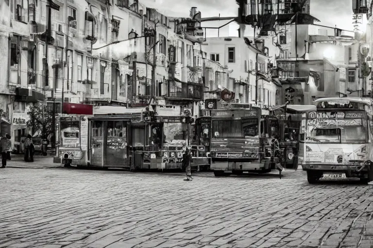 Prompt: red bus LIAZ exterior, backgrond plattenbau, photography, dramatic lighting, colorfull