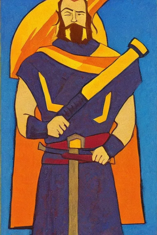 Image similar to thor with hammer, marvel, artwork by nicholas roerich,