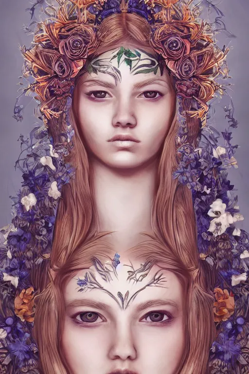 Image similar to a symmetrical portrait with esoteric symbols on the skin and flowers in the hair, intricate, hyperrealistic, concept art, digital art