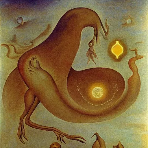 Image similar to Eternity is in love with the creations of time creative Creatures and monsters wander the landscapes of the Imagination, In the style of Leonora Carrington