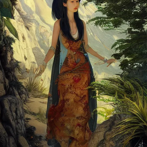 Image similar to beautiful oriental girl walks around Socotra among endemic plants and snags in a long transparent flowing dress and meets mystical animals, mystical insects, mystical birds, lizards, snakes, gorgeous, Atmosphere, hypnotic dimensions, mythology, Rococo, photorealism, in the style of Jin Kagetsu, James Jean and wlop, Valentin Serov style, hyperrealistic, sharp focus, intricate concept art, digital painting, ambient lighting, 4k, hdt, artstation trending on Gsociety, trending on ArtstationHQ, trending on deviantart, professionally post-processed, wide-angle action dynamic portraithyperdetailed, hyper quality, 16K