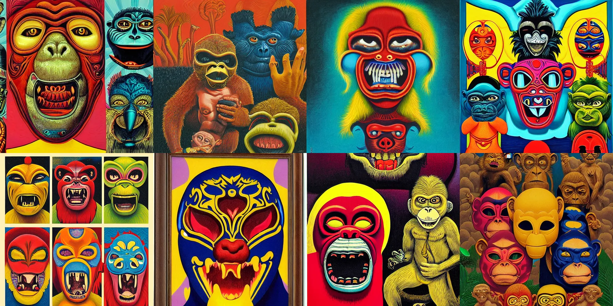 Prompt: lucha libre, screaming monkey mask, by casey weldon, by todd schorr, by paul ranson, by moebius