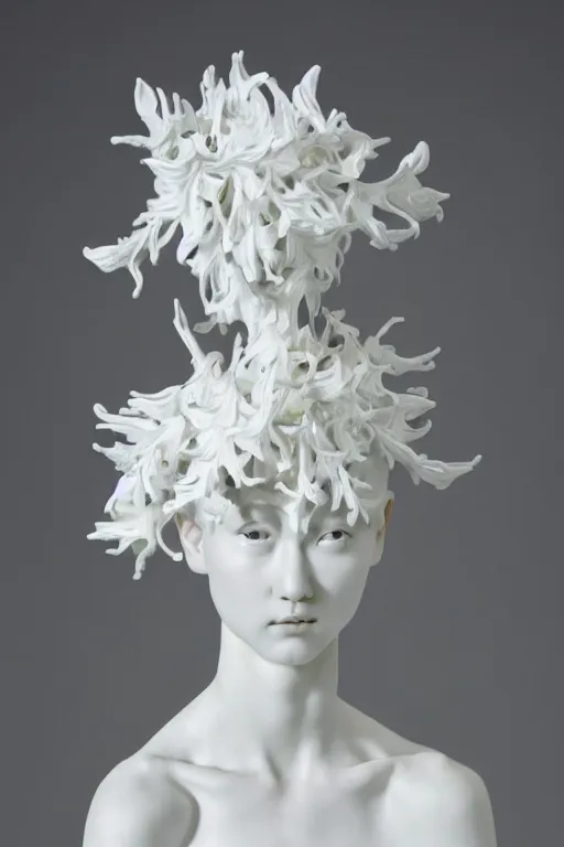 Image similar to full head and shoulders, beautiful female porcelain sculpture by daniel arsham and james jean, smooth, all white features on a white background, delicate facial features, white eyes, white lashes, detailed tangled white lillies and lillie leaves on the head, volumetric lighting