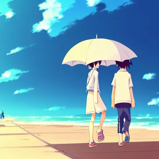 Image similar to anime girl and boy walking together on the Beach, Rain, umbrella, by makoto shinkai, Studio Ghibli, anime wallpaper, illustration, 4k Wallpaper, flat colors, trending on artstation, cgsociety