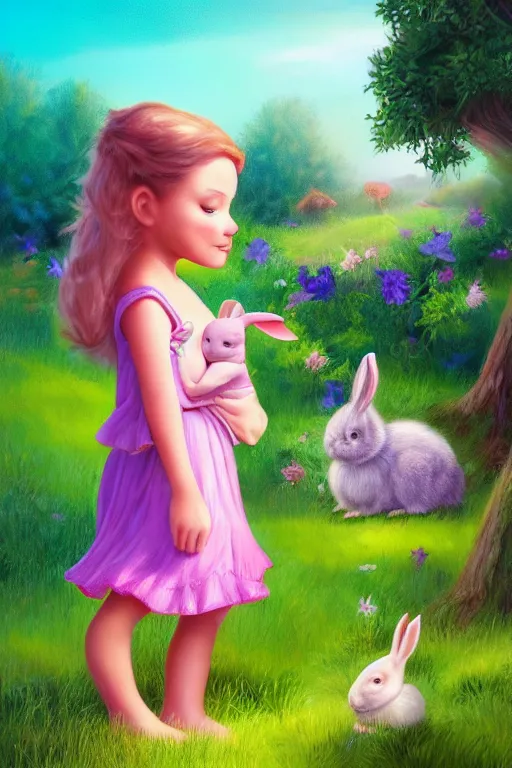 Image similar to matte sharp painting cute little girl and rabbit landscape painted by mark rydel artstation behance storybook lisa frank